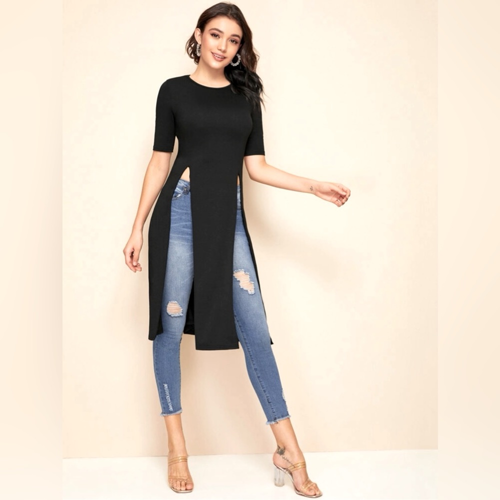 Solid Split Thigh Hem Tee